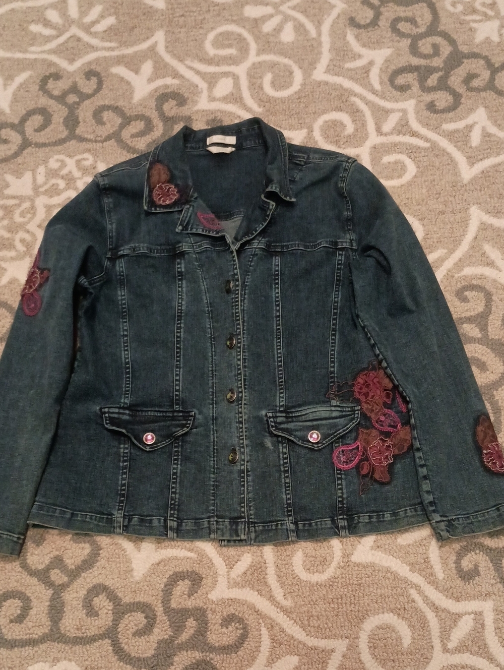 Christopher & Banks Dark Blue Denim Jacket with Embroidered Floral Accents